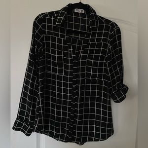 Express The Portofino Sheer Button Down Shirt Black Large Grid Pattern